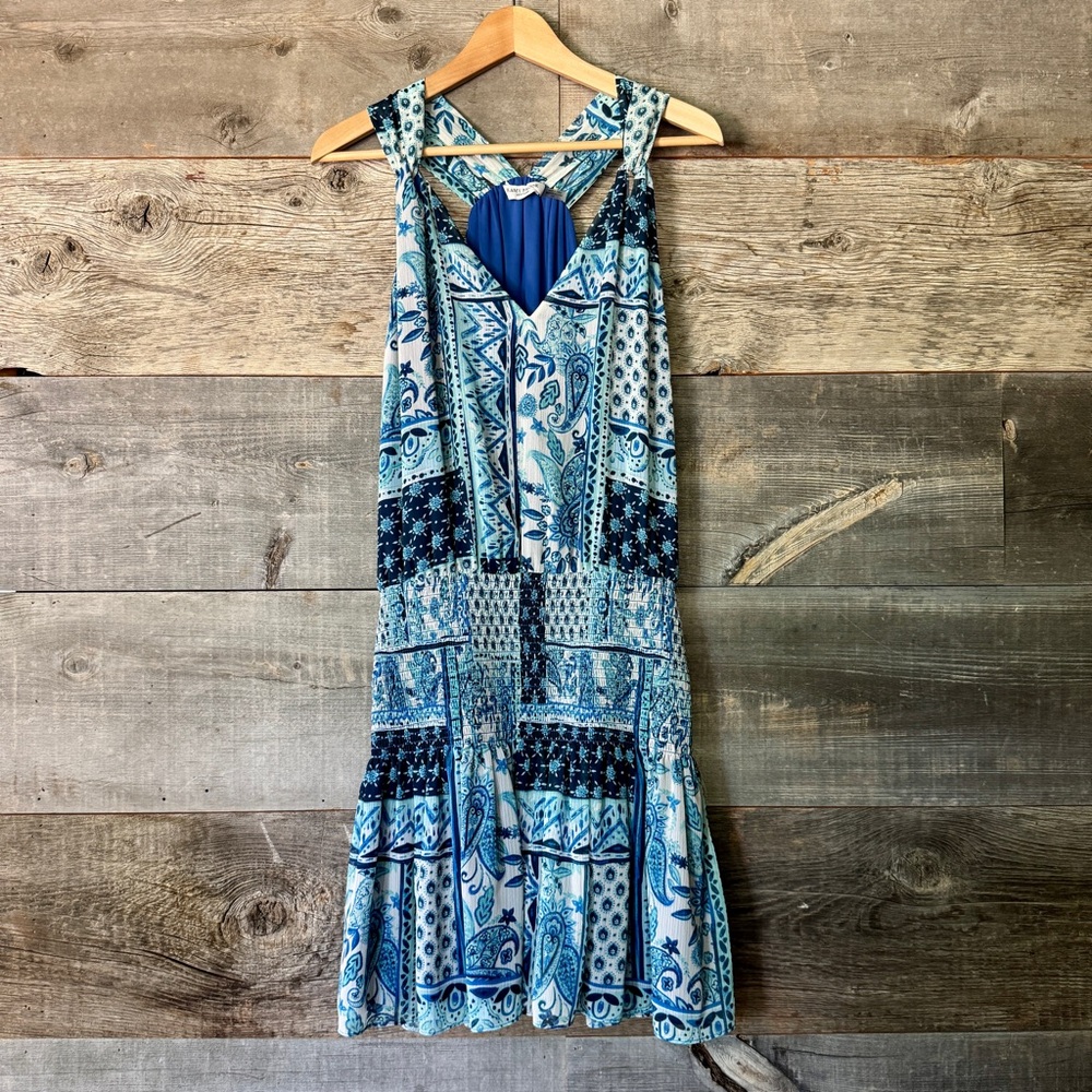 EUC Ramy Brook Mollie‎ Mini Dress Patchwork Blue Blouson V-Neck Flounce Ruffle L